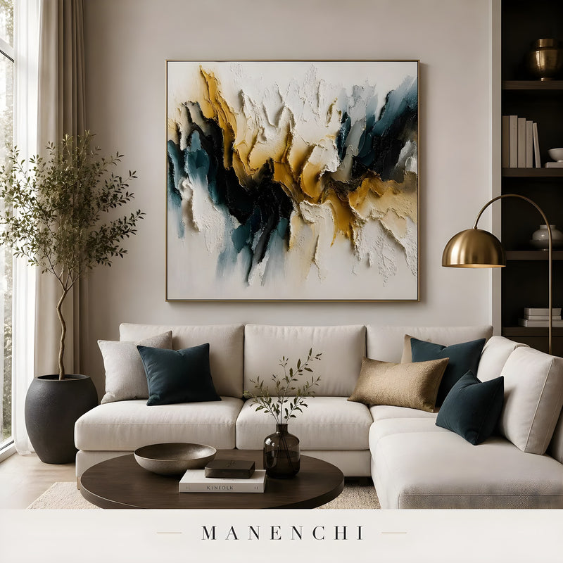 Velvet Ochre Tides abstract painting displayed in cozy modern living room