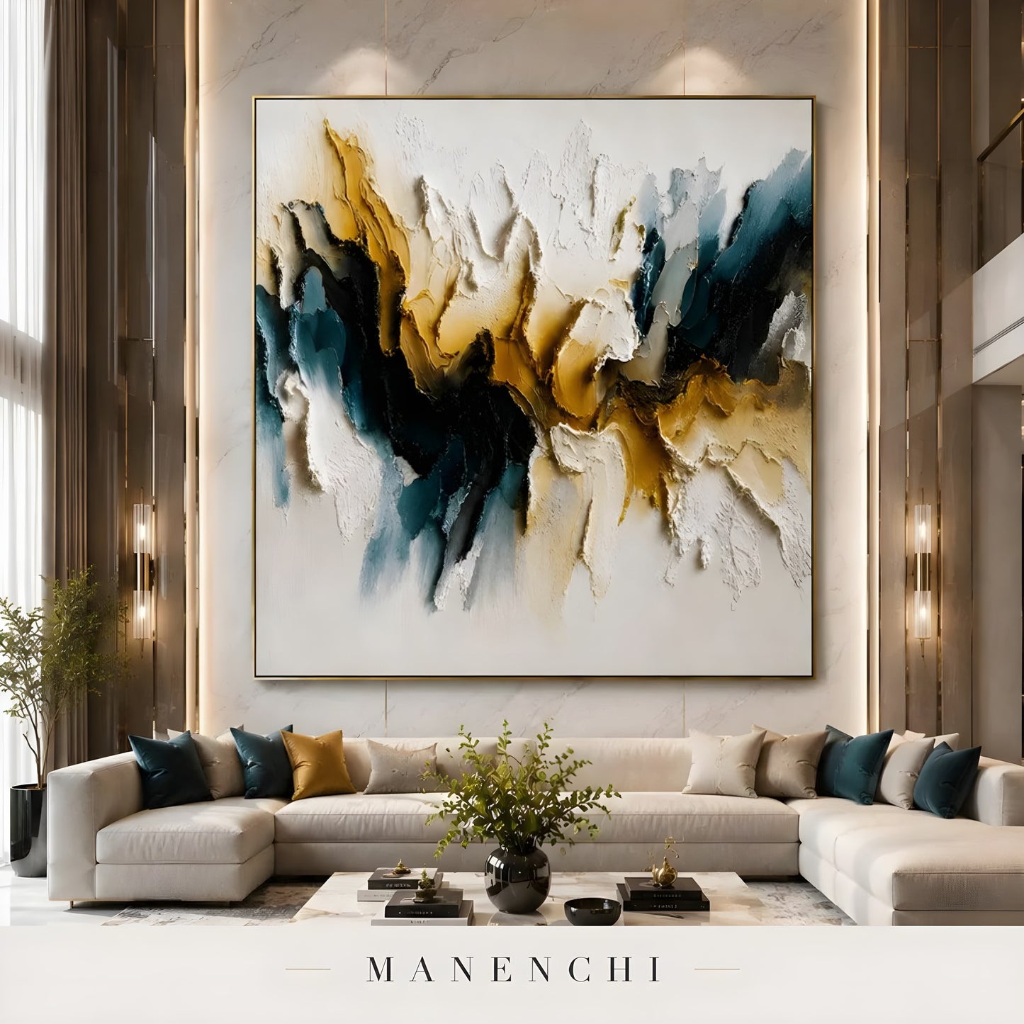 Velvet Ochre Tides abstract painting displayed in grand living room display