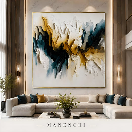Velvet Ochre Tides abstract painting displayed in grand living room display