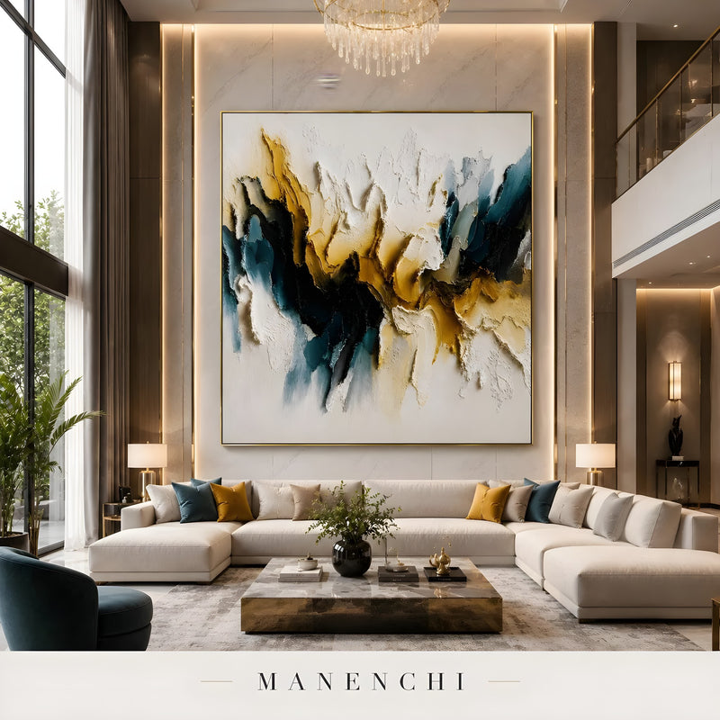 Velvet Ochre Tides abstract painting displayed in luxury living room interior