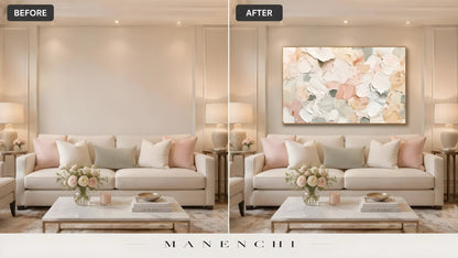 Velvet Petal Abstraction original hand-painted abstract painting, before and after in a styled room