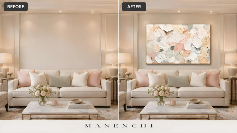 Velvet Petal Abstraction original hand-painted abstract painting, before and after in a styled room
