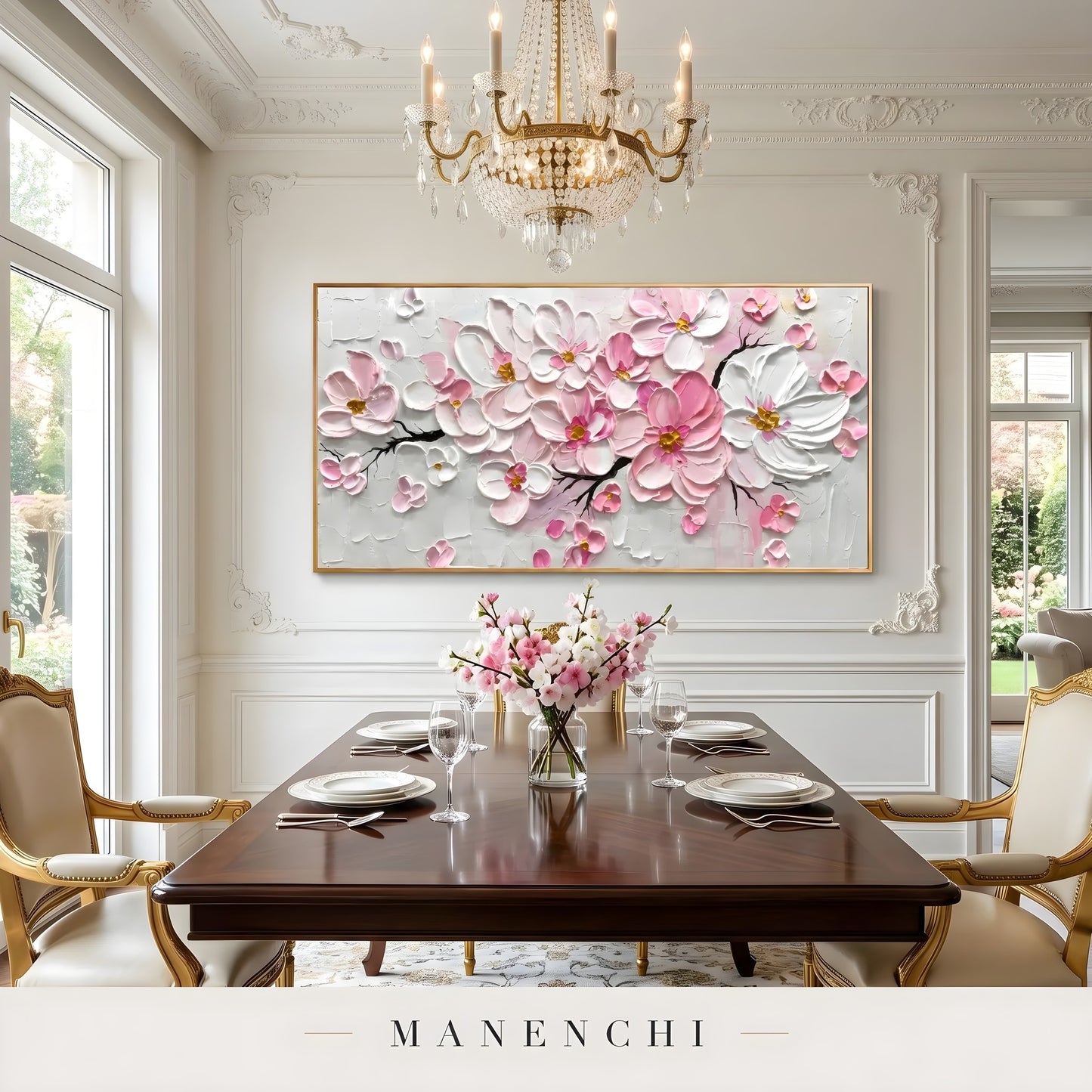 Velvet Petal Cascade abstract painting displayed in dining room table setting