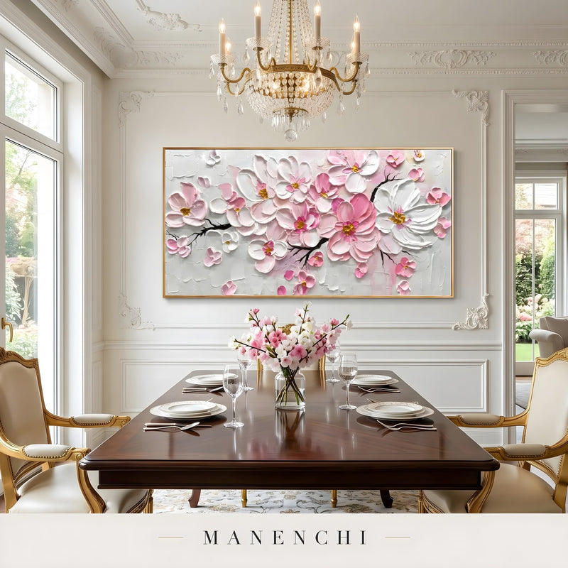 Velvet Petal Cascade abstract painting displayed in dining room table setting