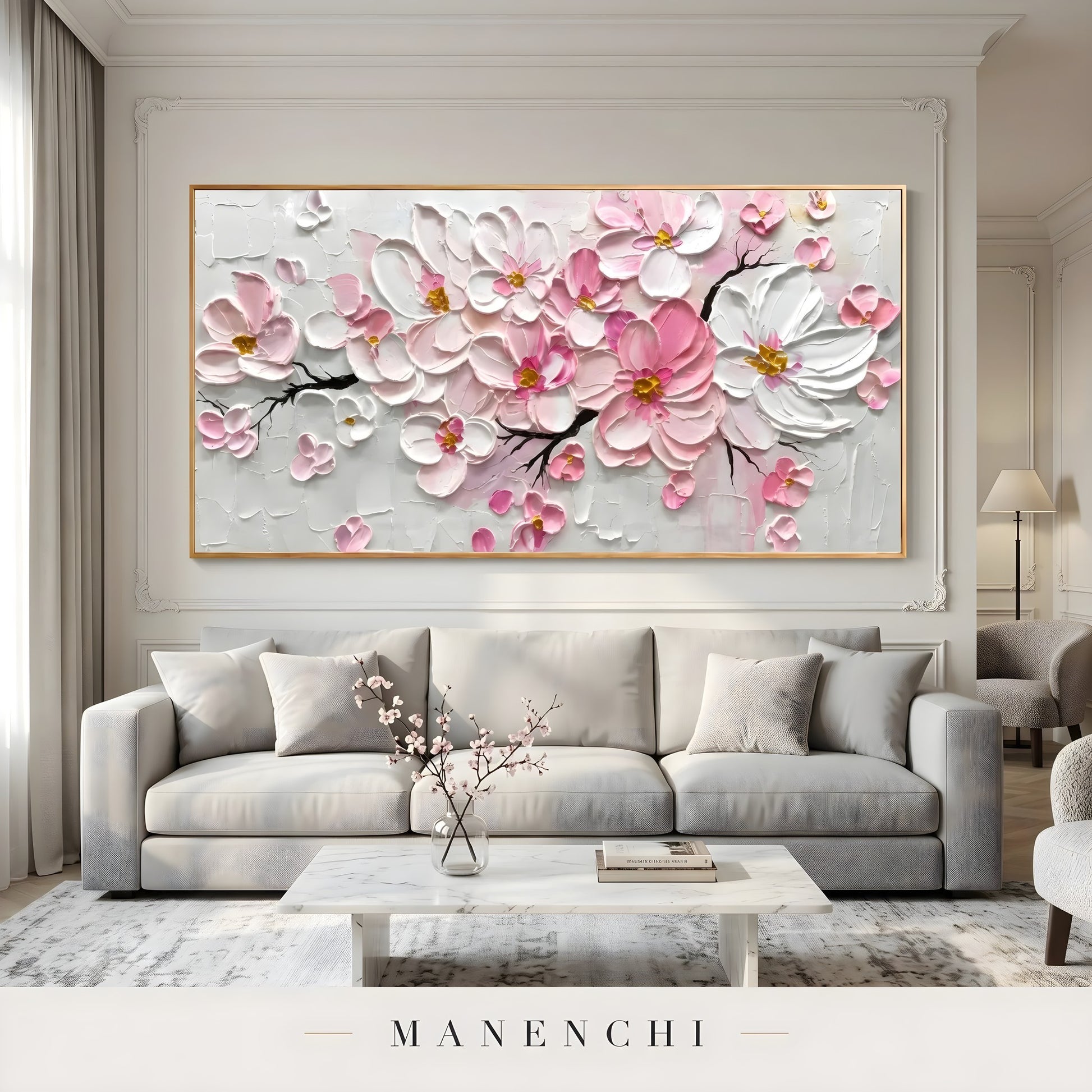 Velvet Petal Cascade abstract painting displayed in living room sofa display