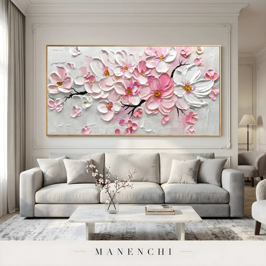 Velvet Petal Cascade abstract painting displayed in living room sofa display