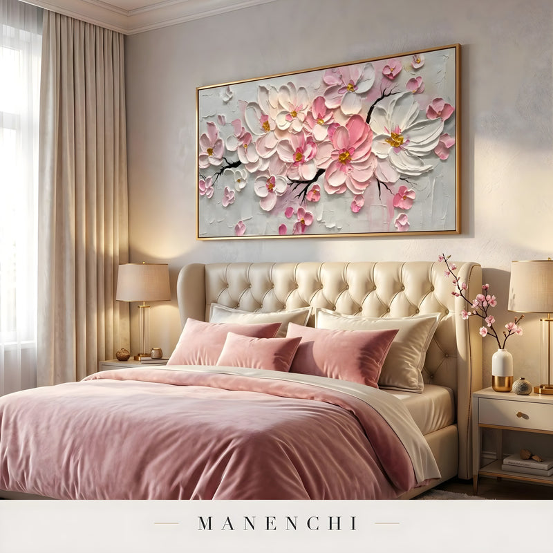 Velvet Petal Cascade abstract painting displayed in master bedroom bed decor