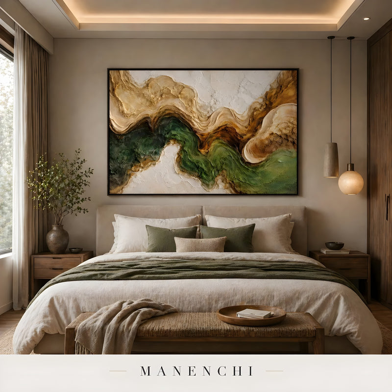 Verdant Alpine Strata abstract painting displayed in bedroom interior