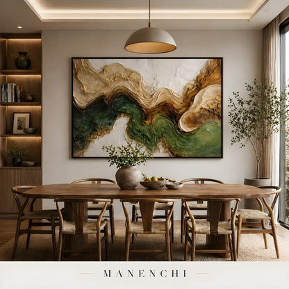Verdant Alpine Strata abstract painting displayed in dining room