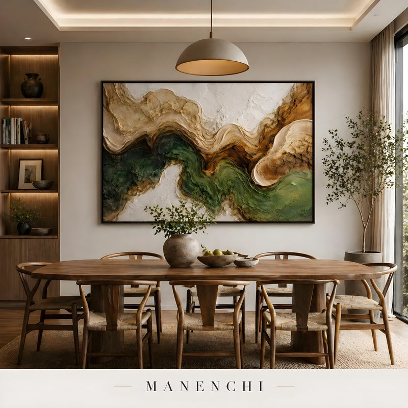 Verdant Alpine Strata abstract painting displayed in dining room