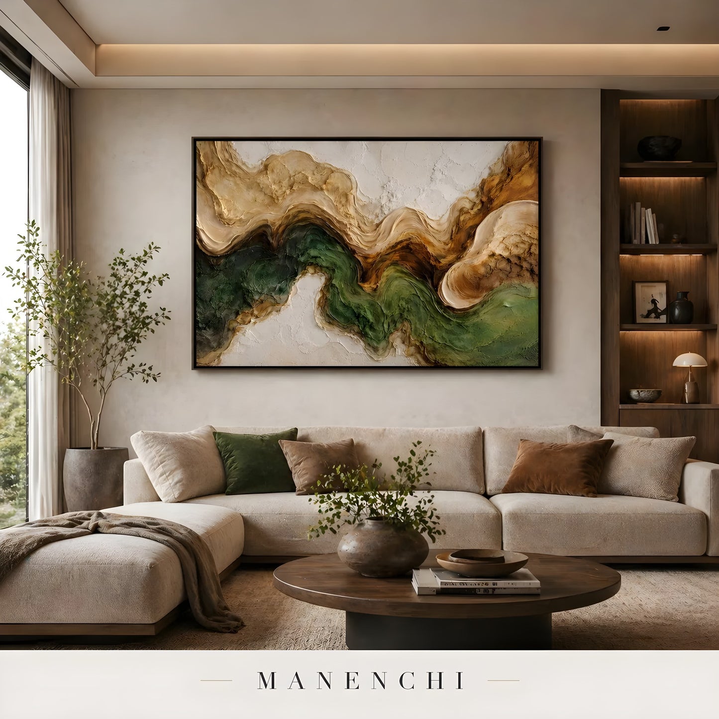 Verdant Alpine Strata abstract painting displayed in living room l sofa