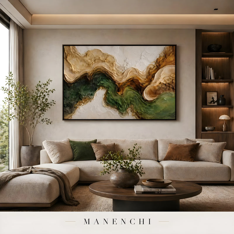 Verdant Alpine Strata abstract painting displayed in living room l sofa