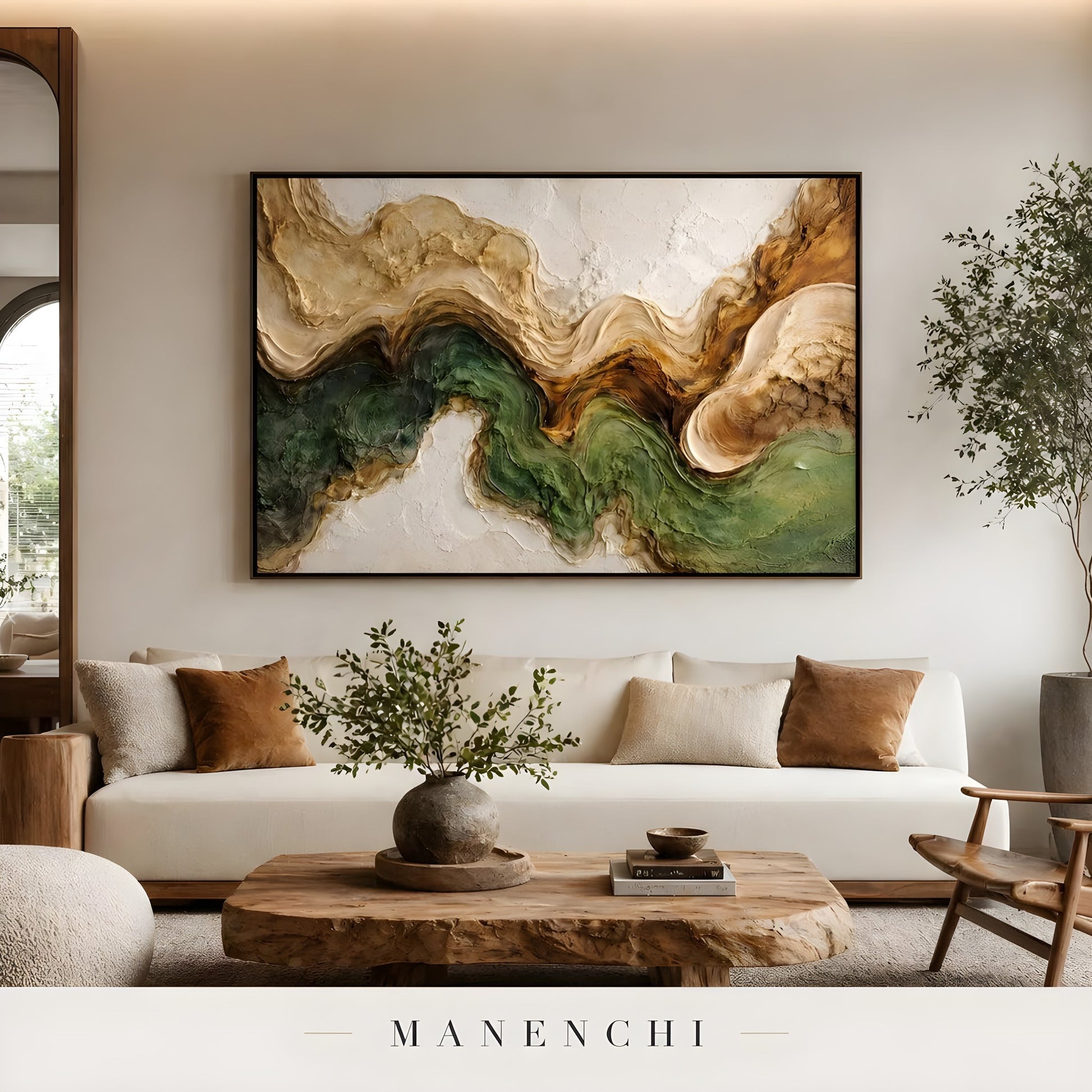 Verdant Alpine Strata abstract painting displayed in living room sofa