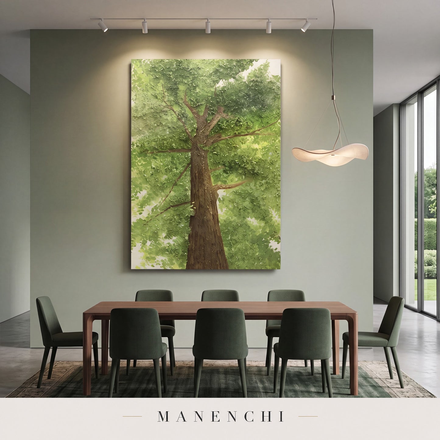 Verdant Ascent abstract painting displayed in a dining room