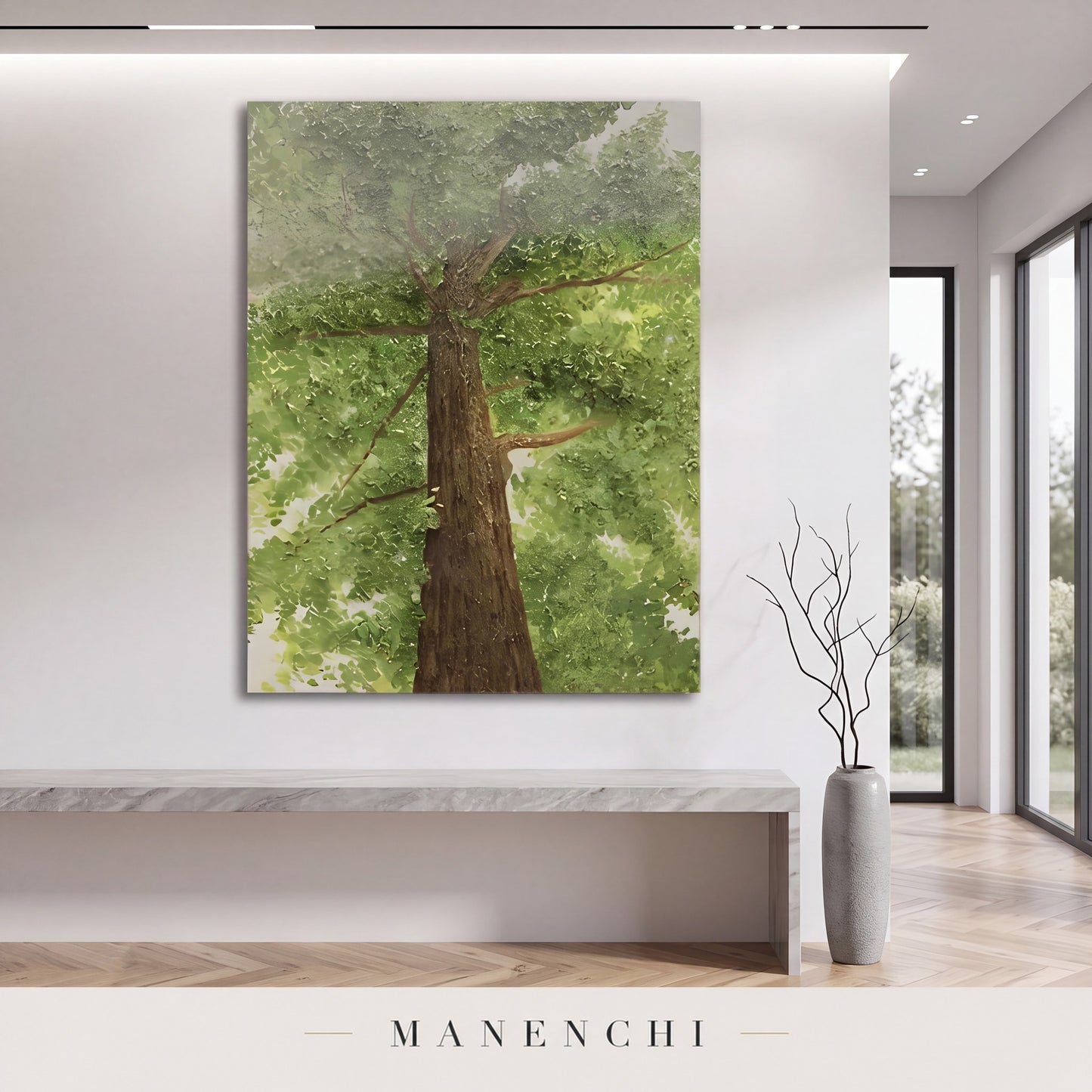 Verdant Ascent abstract painting displayed in an entryway
