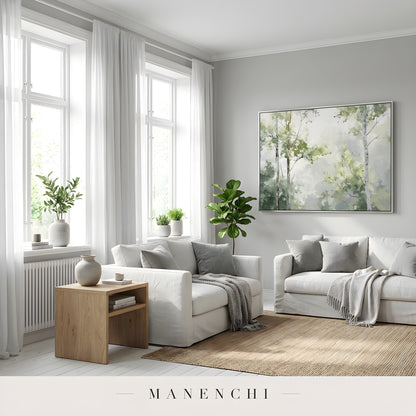 Verdant Canopy Solstice abstract painting displayed in bright living room space