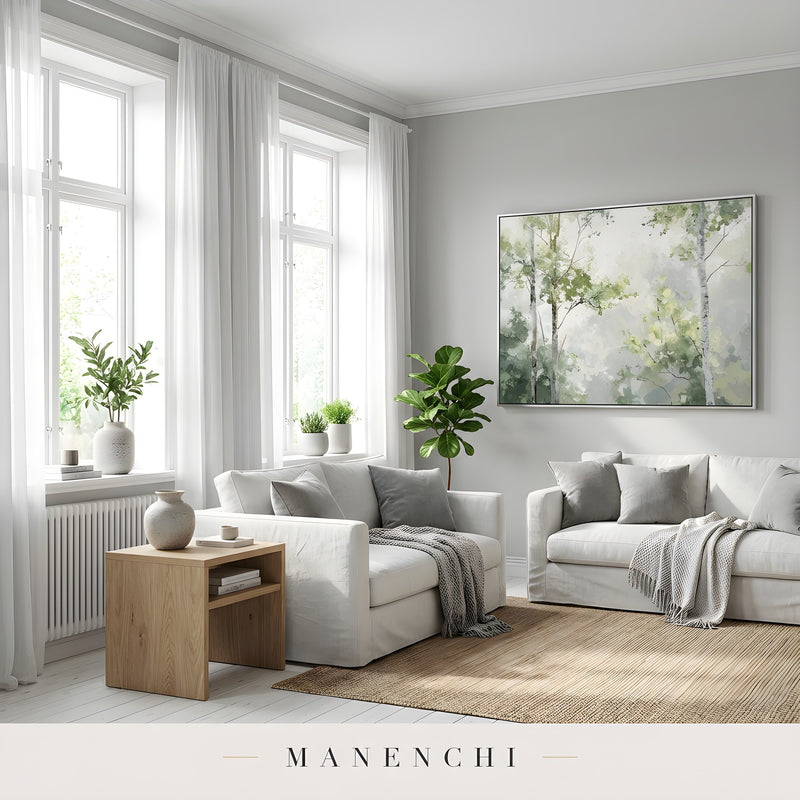 Verdant Canopy Solstice abstract painting displayed in bright living room space