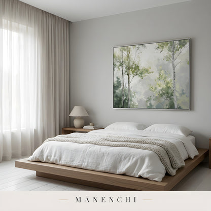 Verdant Canopy Solstice abstract painting displayed in minimalist bedroom decor
