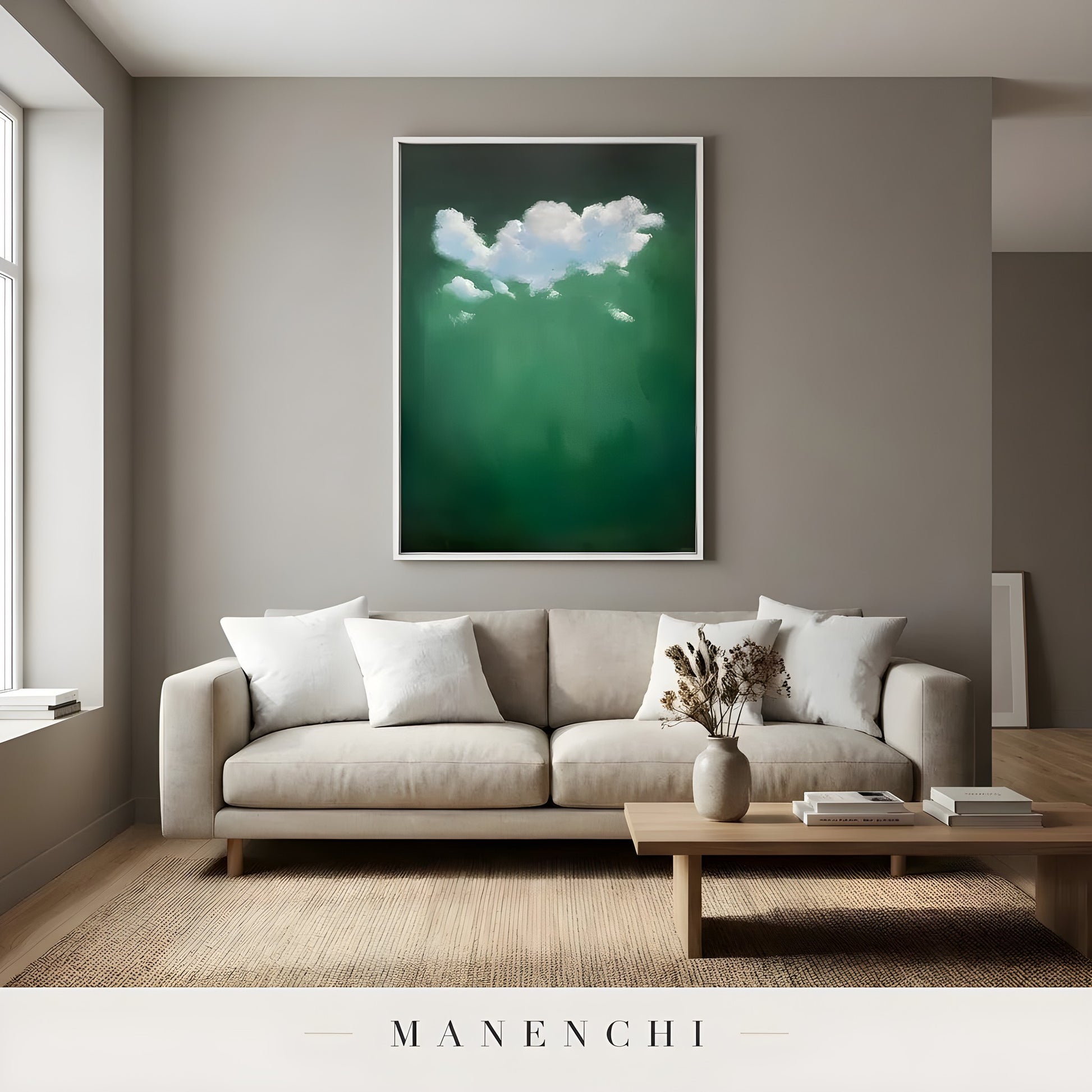Verdant Cloud Solitude abstract painting displayed in minimalist living room interior