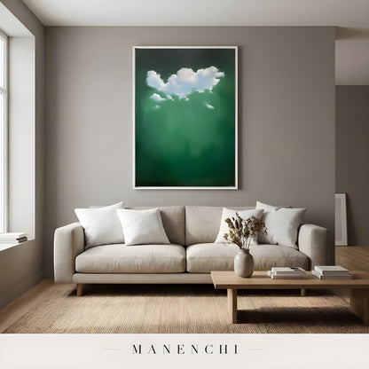 Verdant Cloud Solitude abstract painting displayed in minimalist living room interior