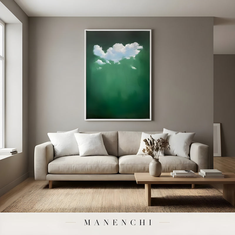 Verdant Cloud Solitude abstract painting displayed in minimalist living room interior