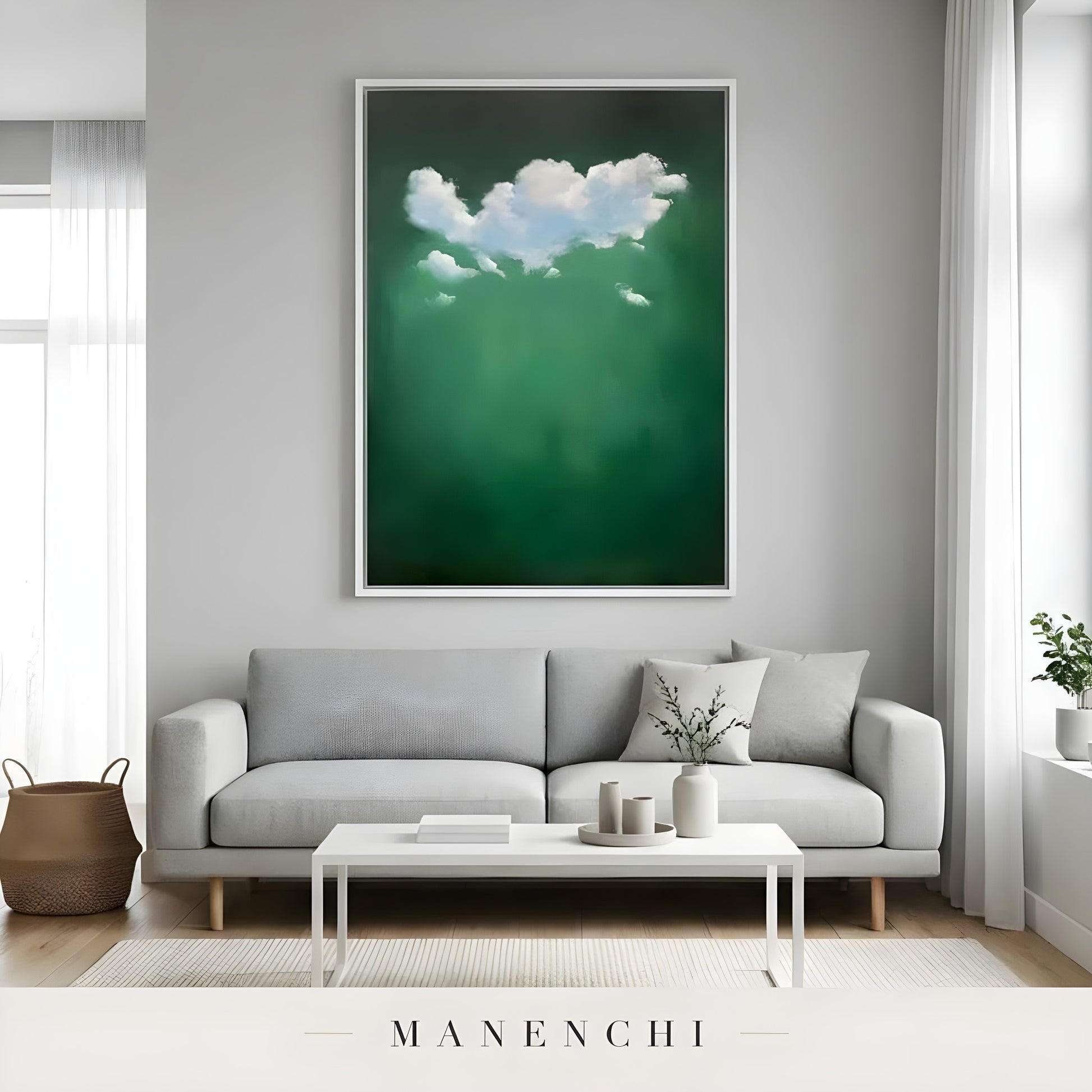 Verdant Cloud Solitude abstract painting displayed in modern living room display