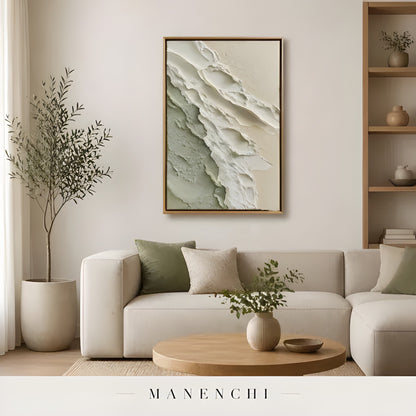 Verdant Dune Sculpt abstract painting displayed in cozy living room decor