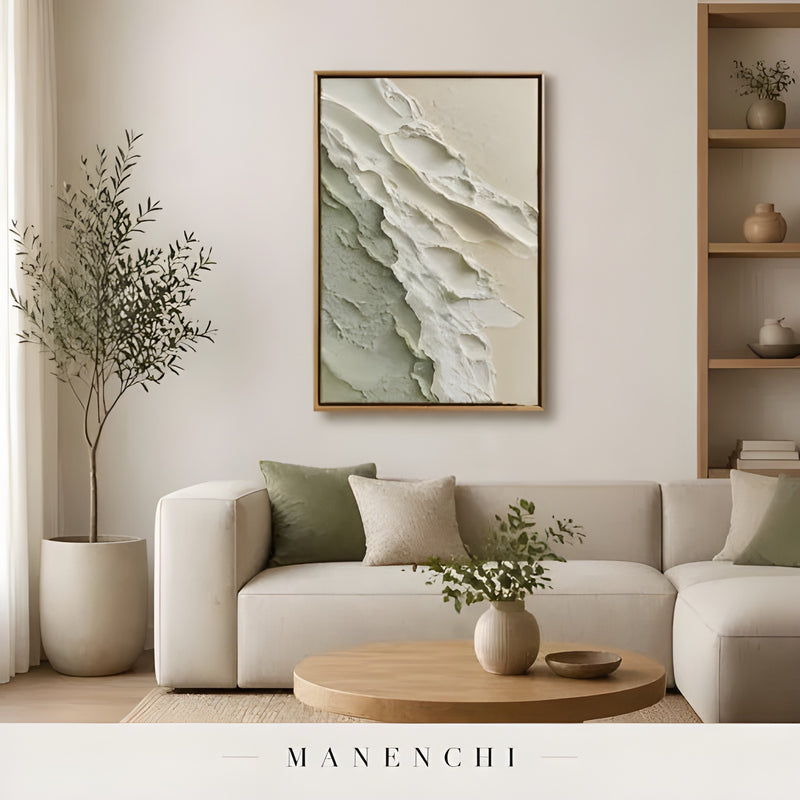 Verdant Dune Sculpt abstract painting displayed in cozy living room decor