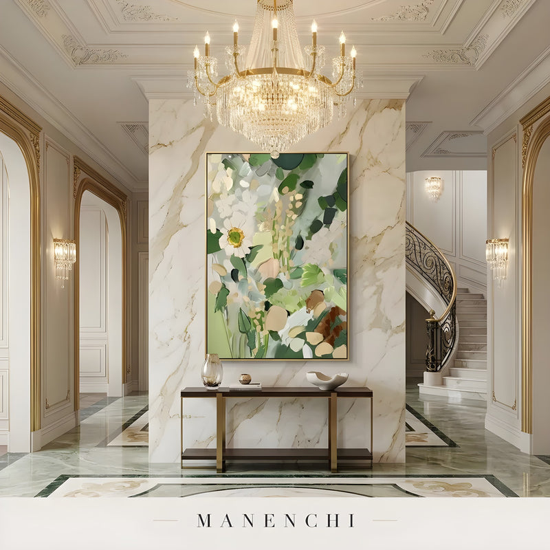 Verdant Flora Haven abstract painting displayed in elegant marble foyer hallway