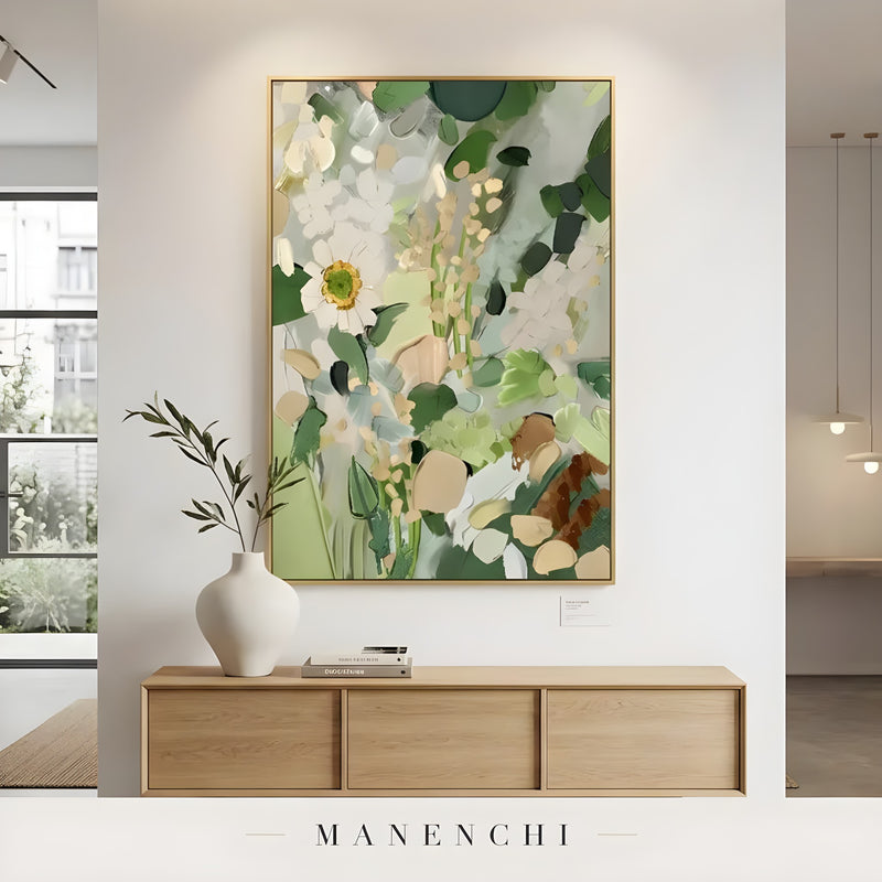 Verdant Flora Haven abstract painting displayed in entryway console table decor