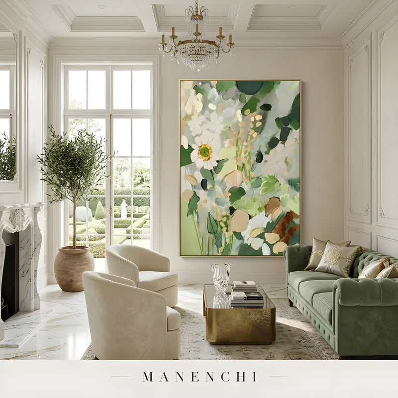 Verdant Flora Haven abstract painting displayed in luxury living room decor