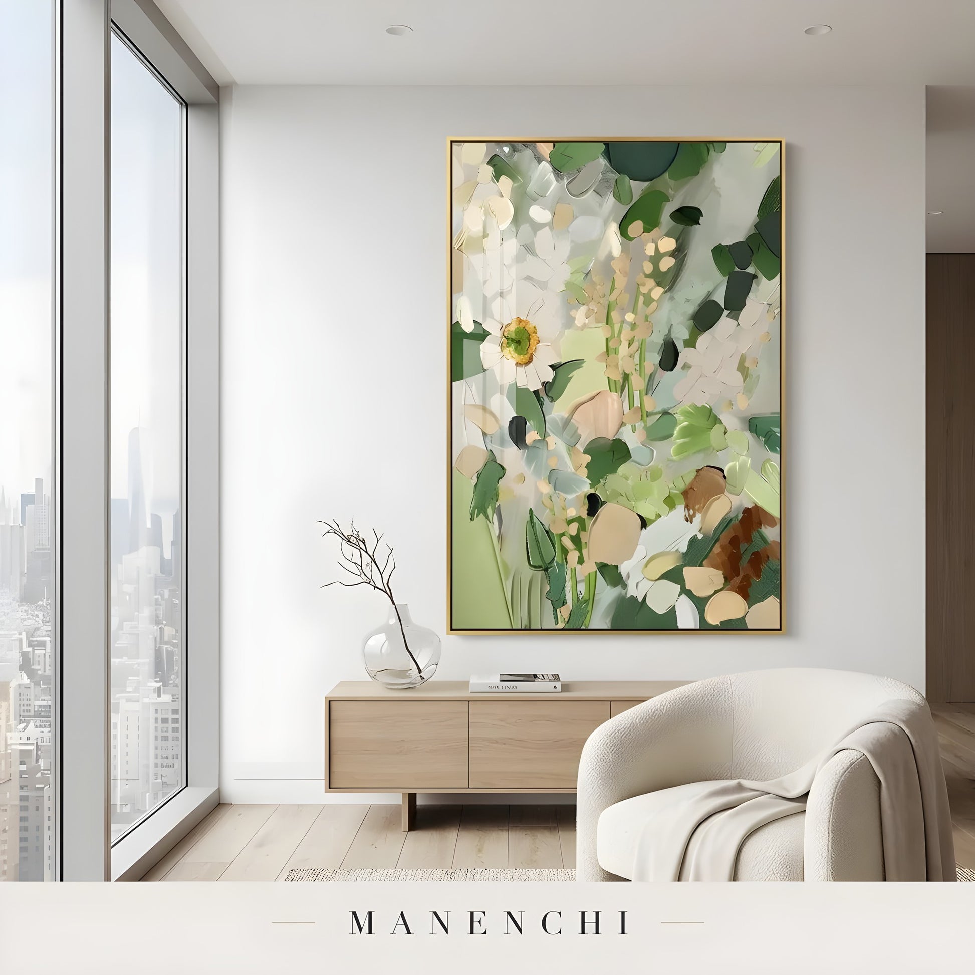 Verdant Flora Haven abstract painting displayed in minimalist living room interior