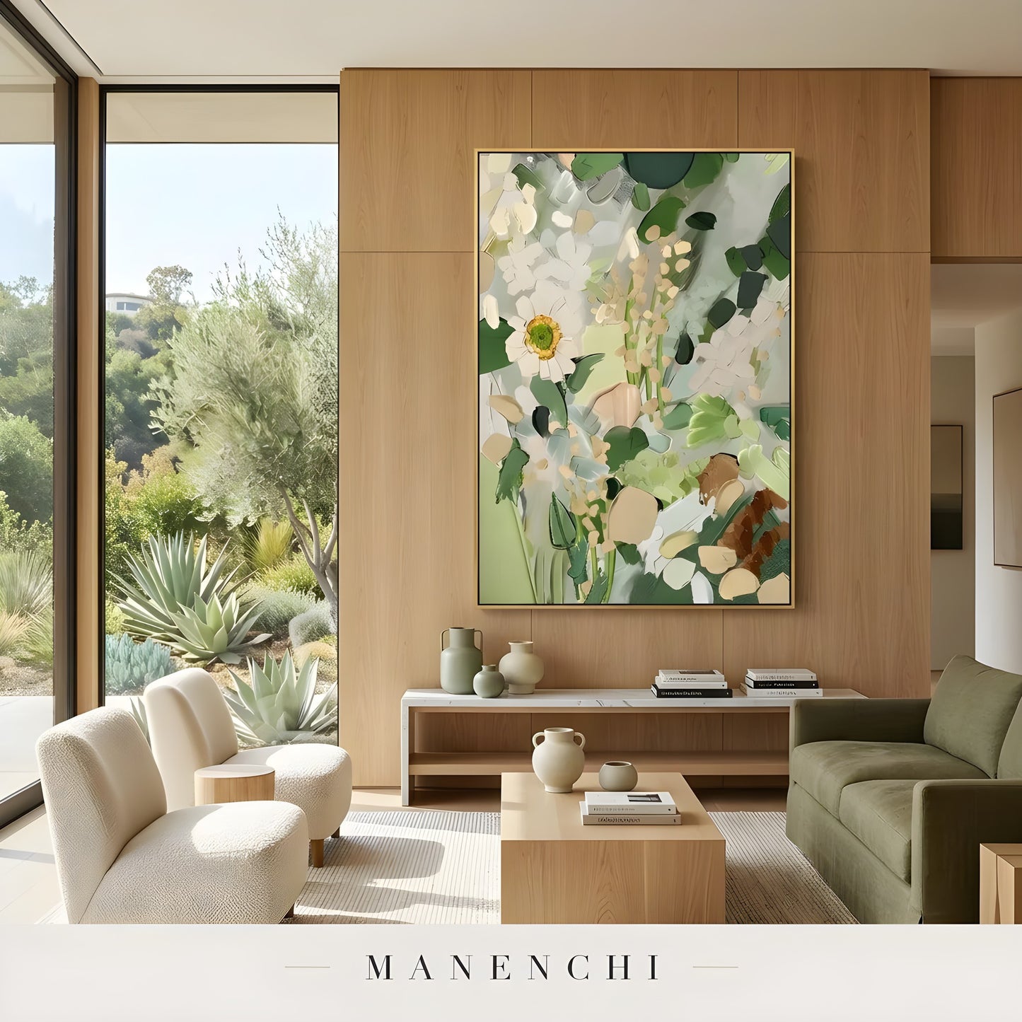 Verdant Flora Haven abstract painting displayed in modern wooden living room