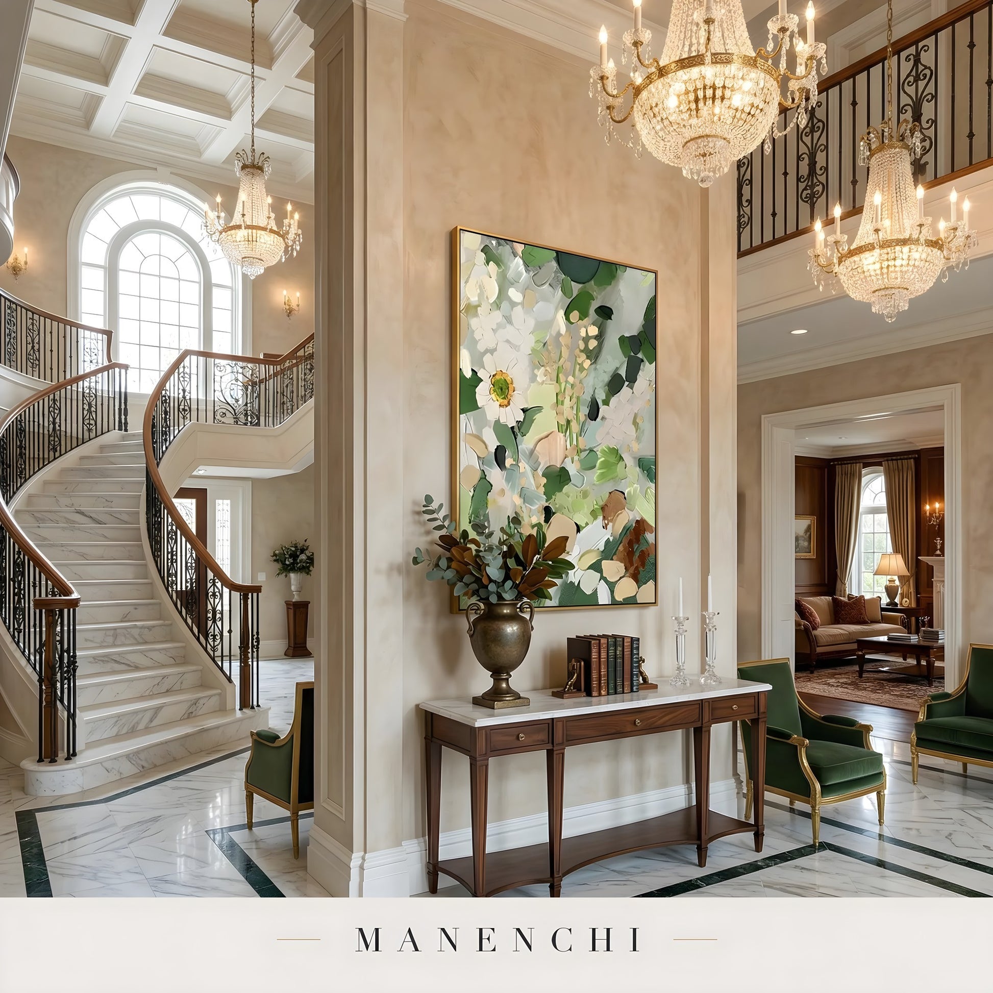 Verdant Flora Impression abstract painting displayed in elegant foyer entryway