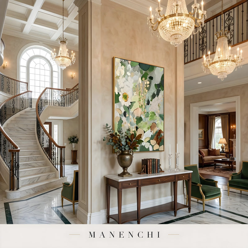Verdant Flora Impression abstract painting displayed in elegant foyer entryway