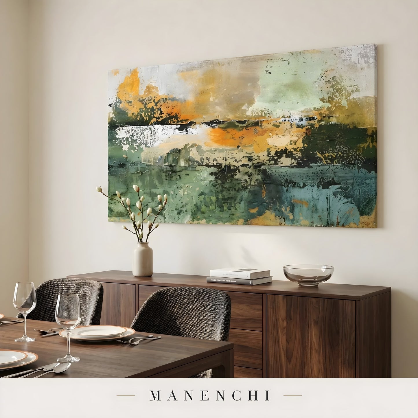Verdant Harvest Horizon abstract painting displayed in dining room wall decor