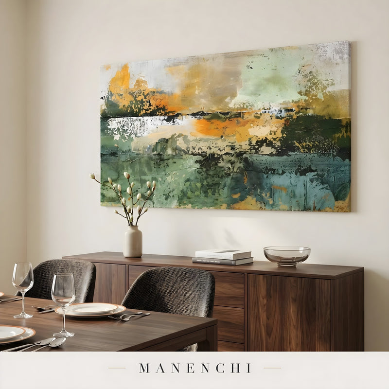 Verdant Harvest Horizon abstract painting displayed in dining room wall decor