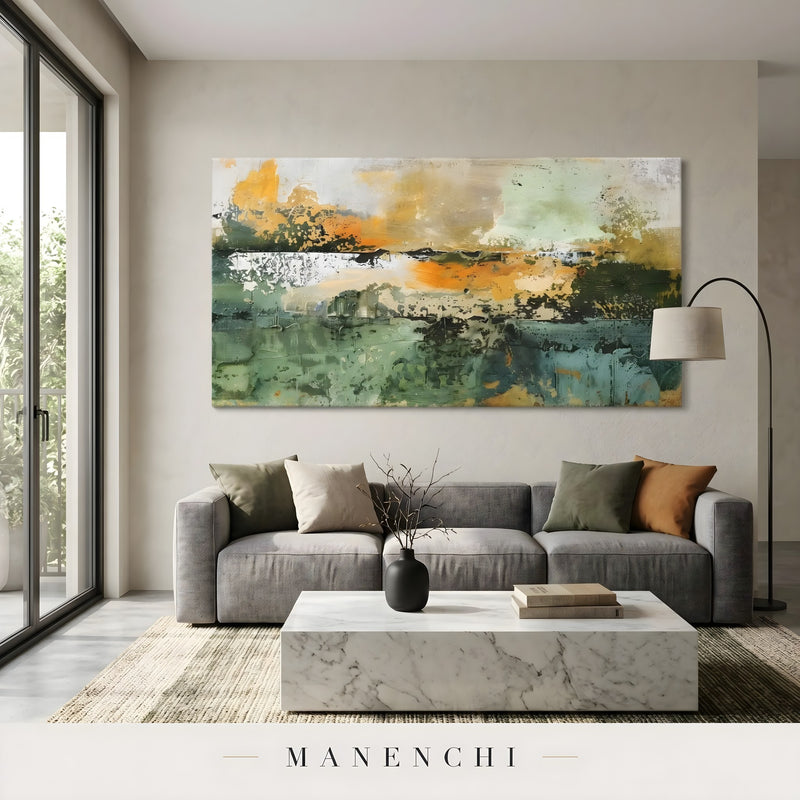 Verdant Harvest Horizon abstract painting displayed in living room sofa display