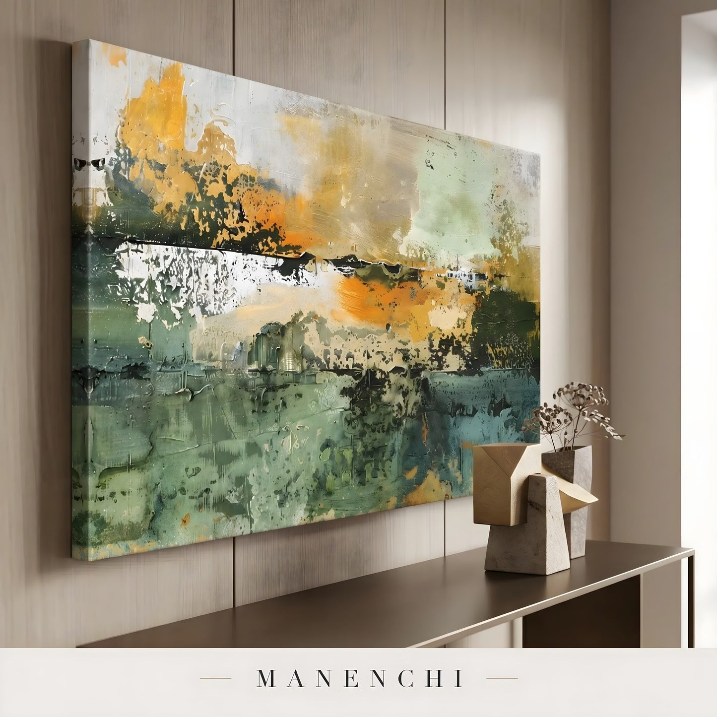 Verdant Harvest Horizon abstract painting displayed in side angle console view