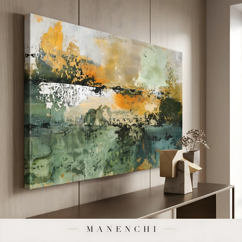 Verdant Harvest Horizon abstract painting displayed in side angle console view