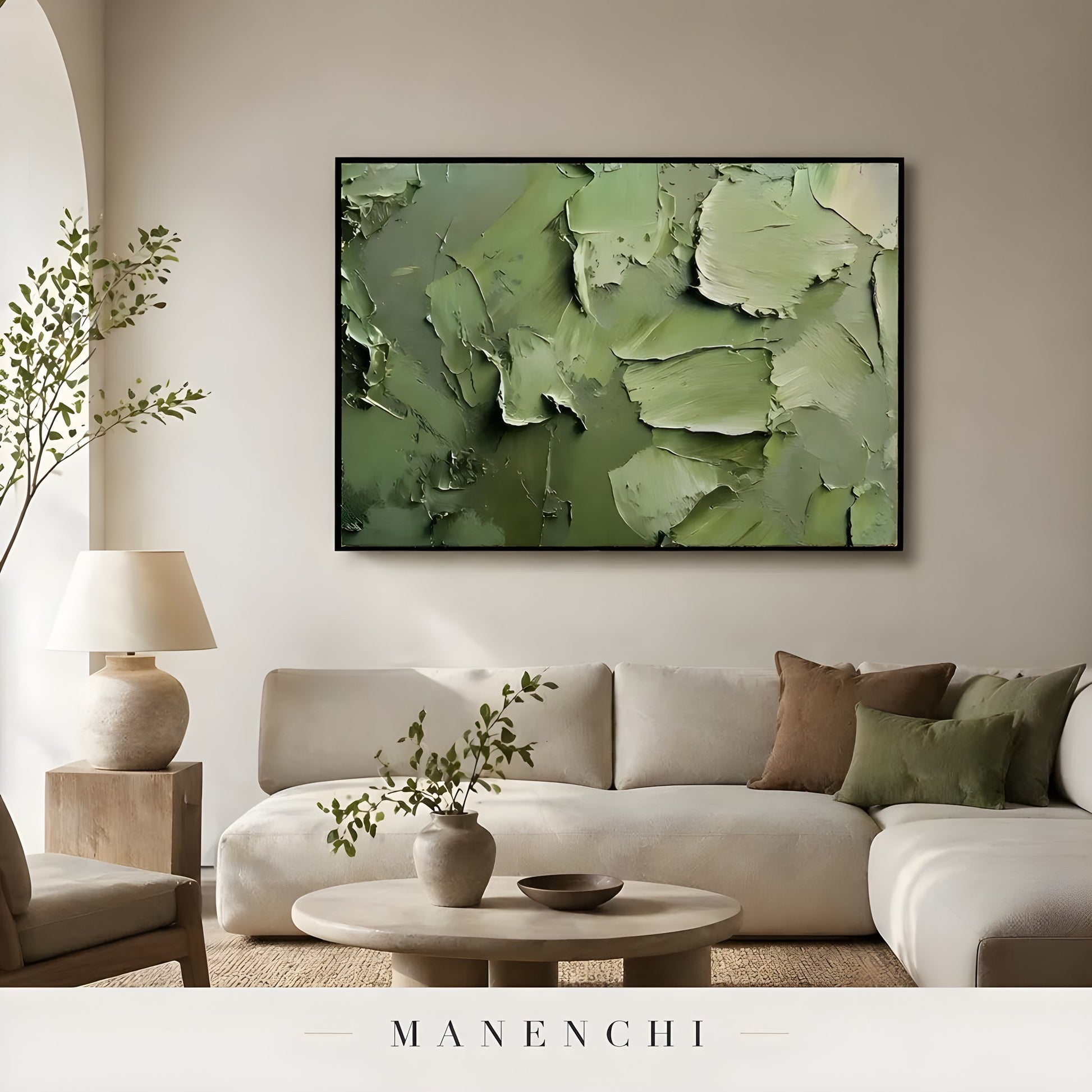 Verdant Impasto Haven abstract painting displayed in cozy living room decor