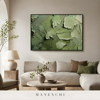 Verdant Impasto Haven abstract painting displayed in cozy living room decor