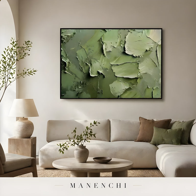 Verdant Impasto Haven abstract painting displayed in cozy living room decor