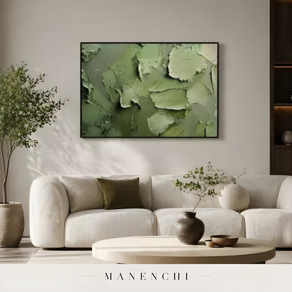 Verdant Impasto Haven abstract painting displayed in minimalist living room setting