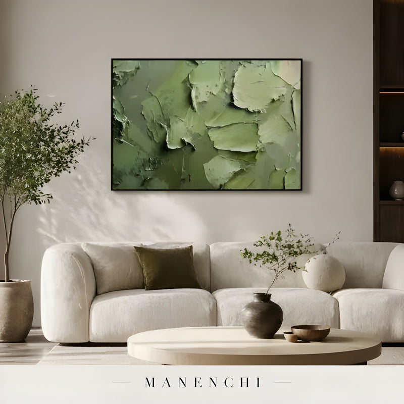 Verdant Impasto Haven abstract painting displayed in minimalist living room setting