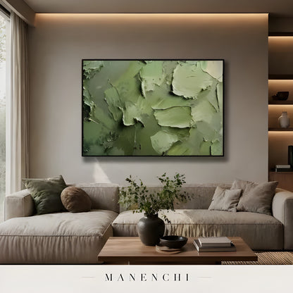 Verdant Impasto Haven abstract painting displayed in modern living room display