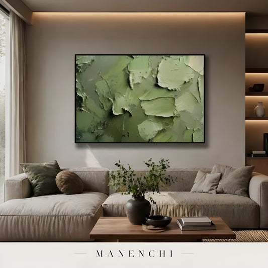 Verdant Impasto Haven abstract painting displayed in modern living room display