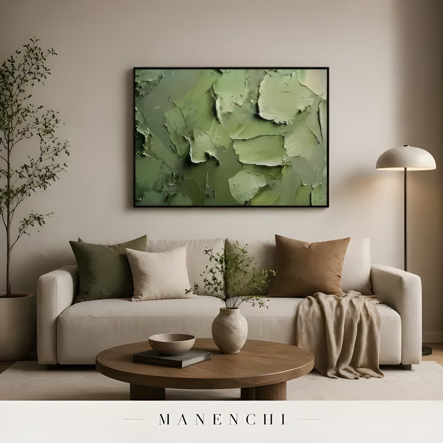 Verdant Impasto Haven abstract painting displayed in warm toned living room interior