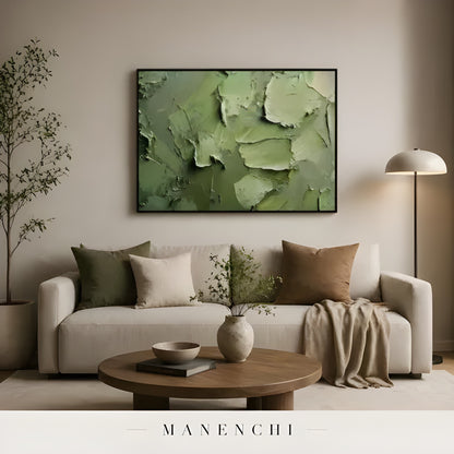 Verdant Impasto Haven abstract painting displayed in warm toned living room interior