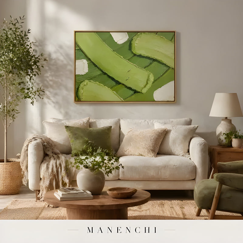 Verdant Leaf Abstraction abstract painting displayed in cozy living room interior